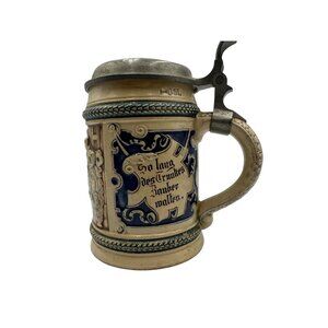 Vintage German Ceramic Beer Stein With Pewter Lid & Detailed Relief Scenes 0.5L